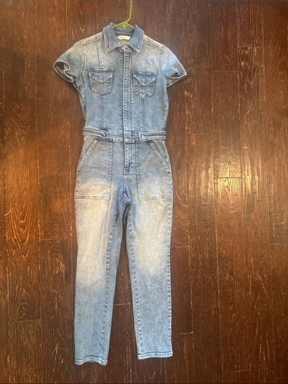 Light Blue Denim Short-Sleeve Jumpsuit with Belt